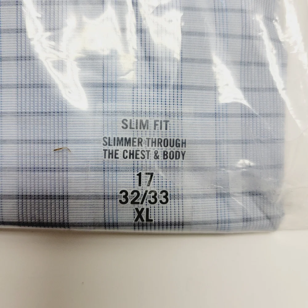Calvin Klein STEEL+ Slim-Fit Non-Iron Stretch Blue Check Dress Shirt 17 32/33 XL - Picture 5 of 14